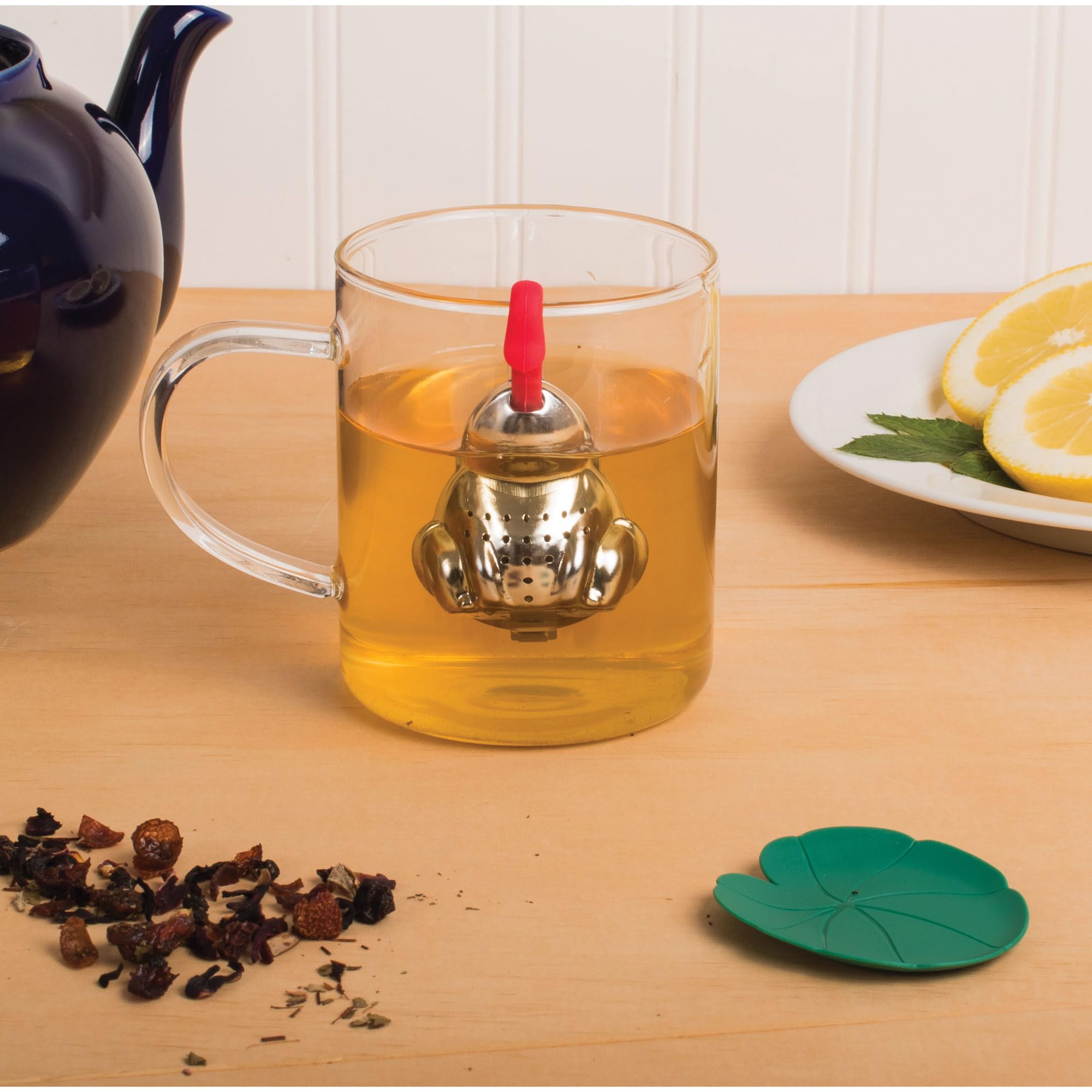 HIC Kitchen Tea Infuser with Drip Tray, Frog and Lily Pad, 18/8 Stainless Steel and Plastic - Image 4